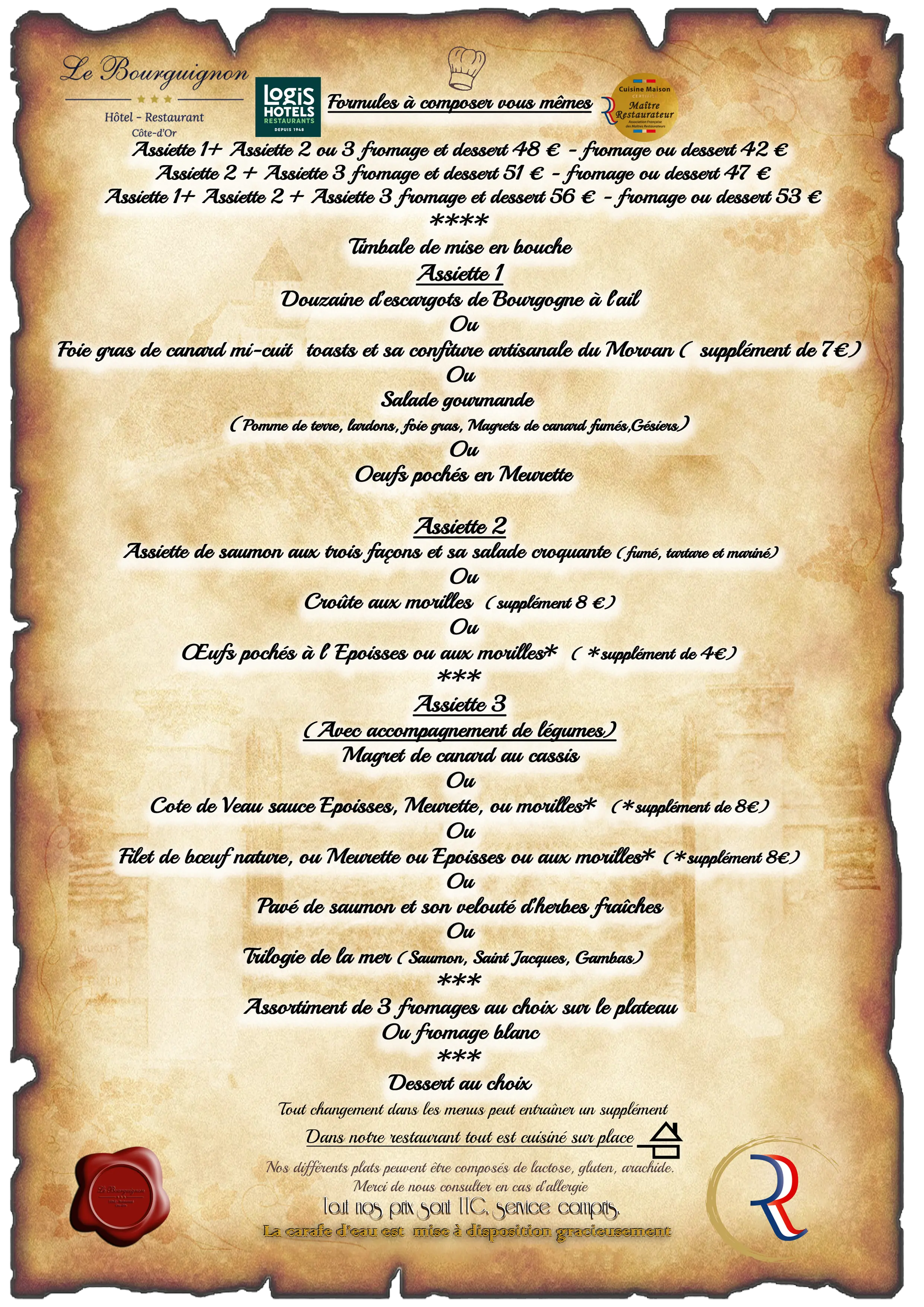 Le menu assiete au chois du restaurant Le Bourguignon, vous permettra de trouver votre bonheur et de marquer une pause gourmande dans un restaurant grandement inspiré du terroir Bourguignon, offrant aux voyageurs un instant de détente propice à bien démarrer ses vacances