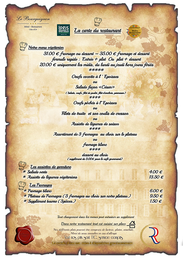 Menu vegan de l'hôtel-restaurant Le Bourguignon -21310 Bèze Cote d'Or Bourgogne