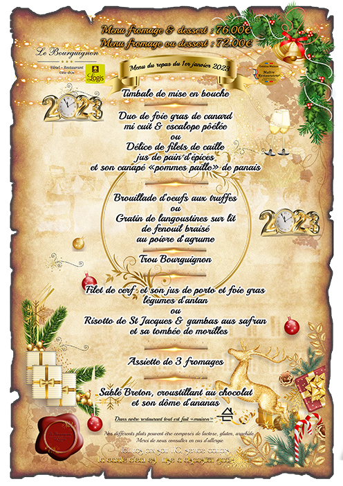 Menu gastronomique du 1er janvier 2023 du restaurant Le Bourguignon -21310 Béze -service traiteur et location de salles