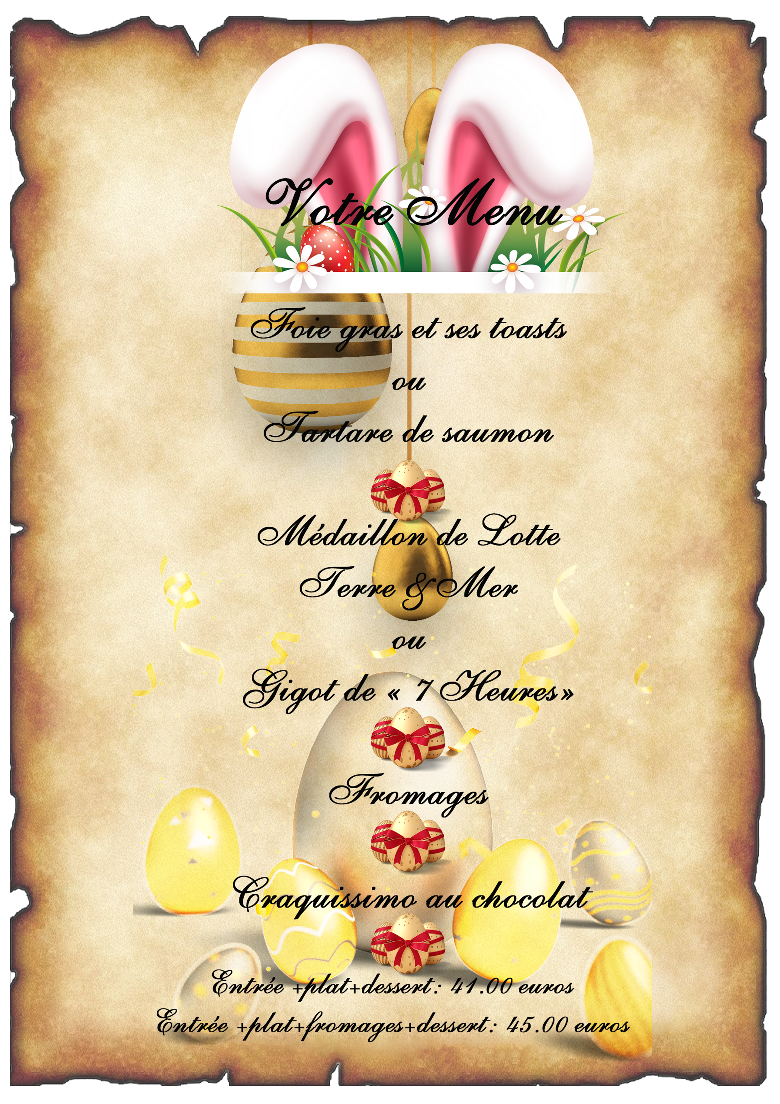 Menu de paques, ou la première occasion de gouter à la terrasse ombragée et fleurie de l'hotel restaurant Le Bourguignon